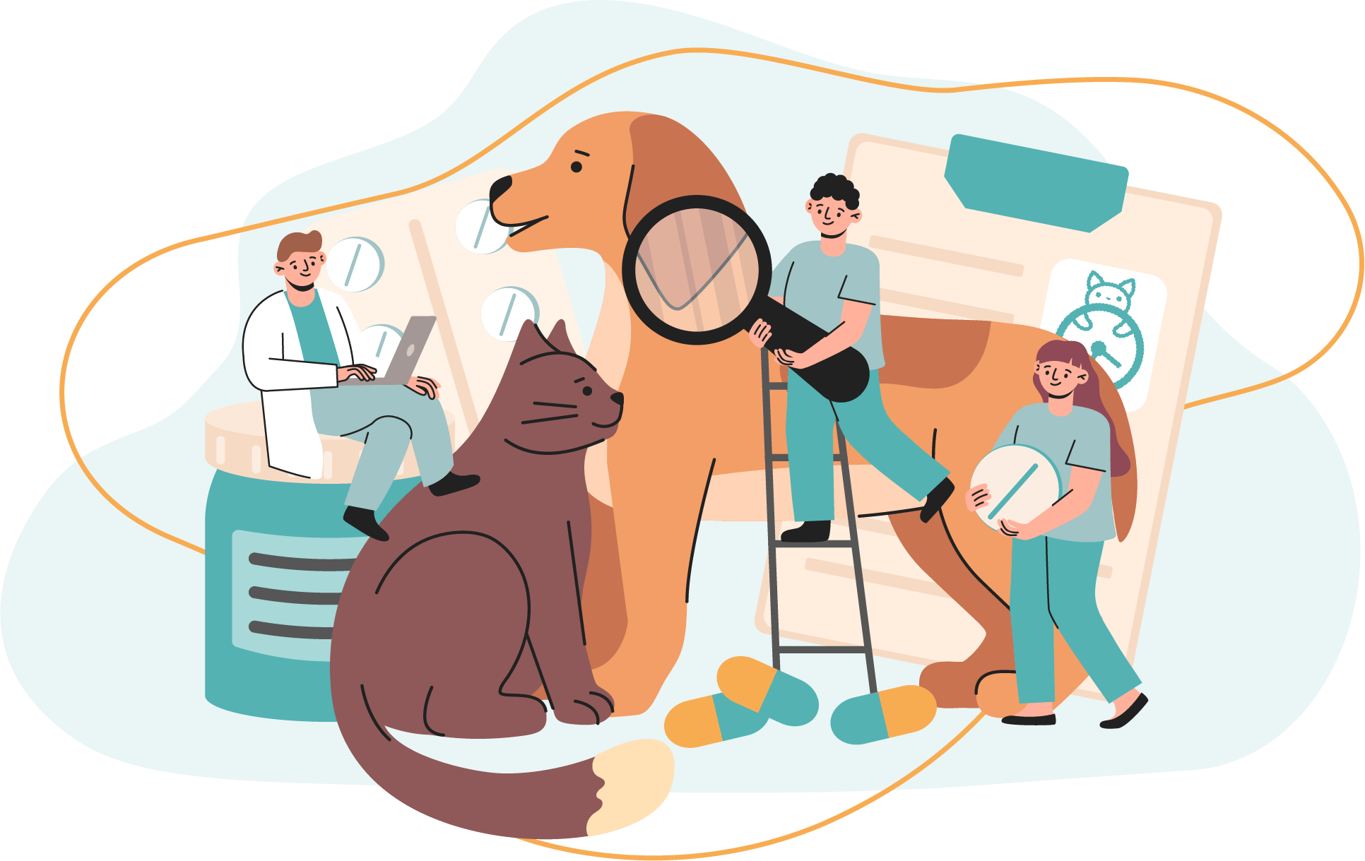 Illustrated Veterinary Team Caring For Pets